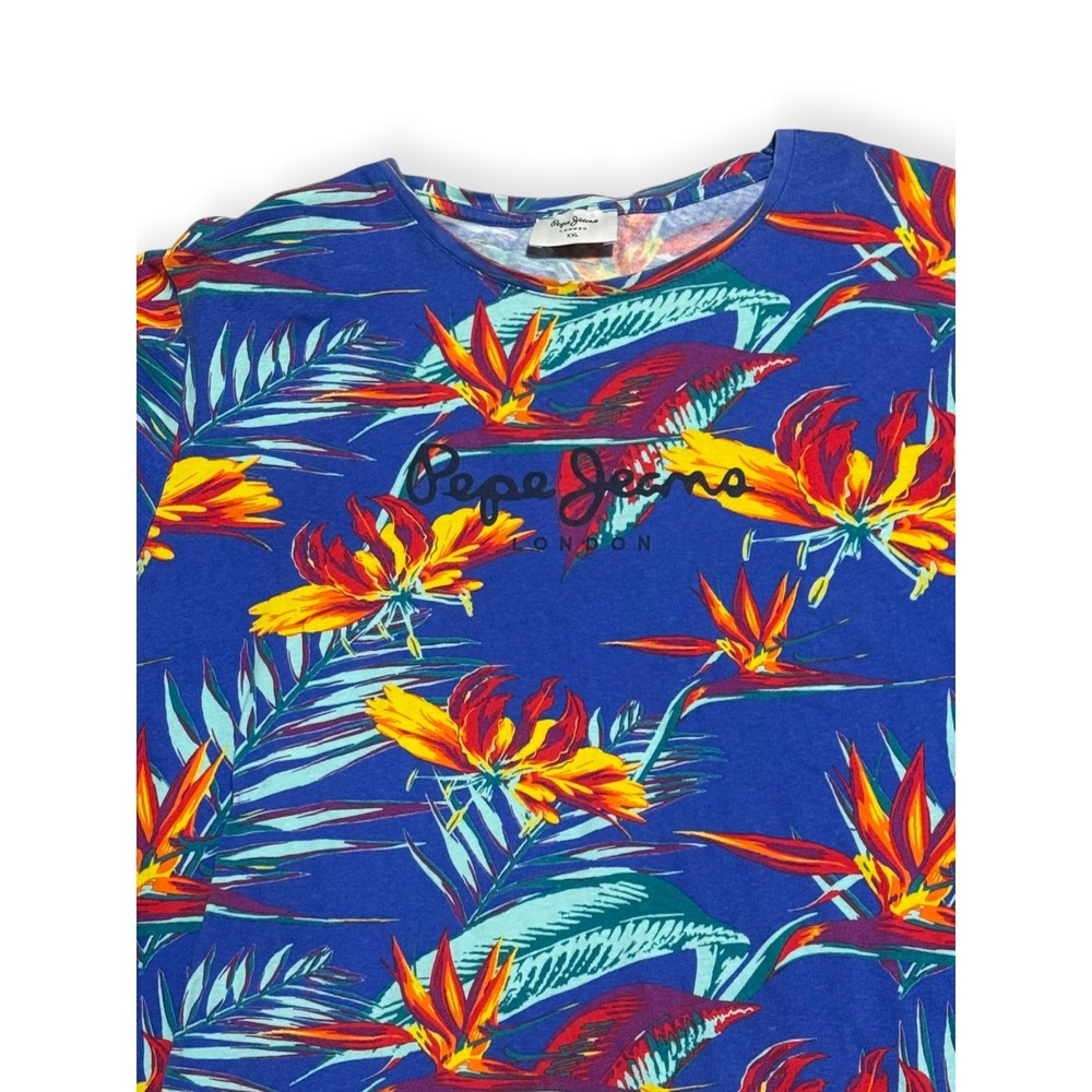 Pepe Jeans London y2k XXL Blue Tropical Bird of Paradise Floral Cotton T-Shirt